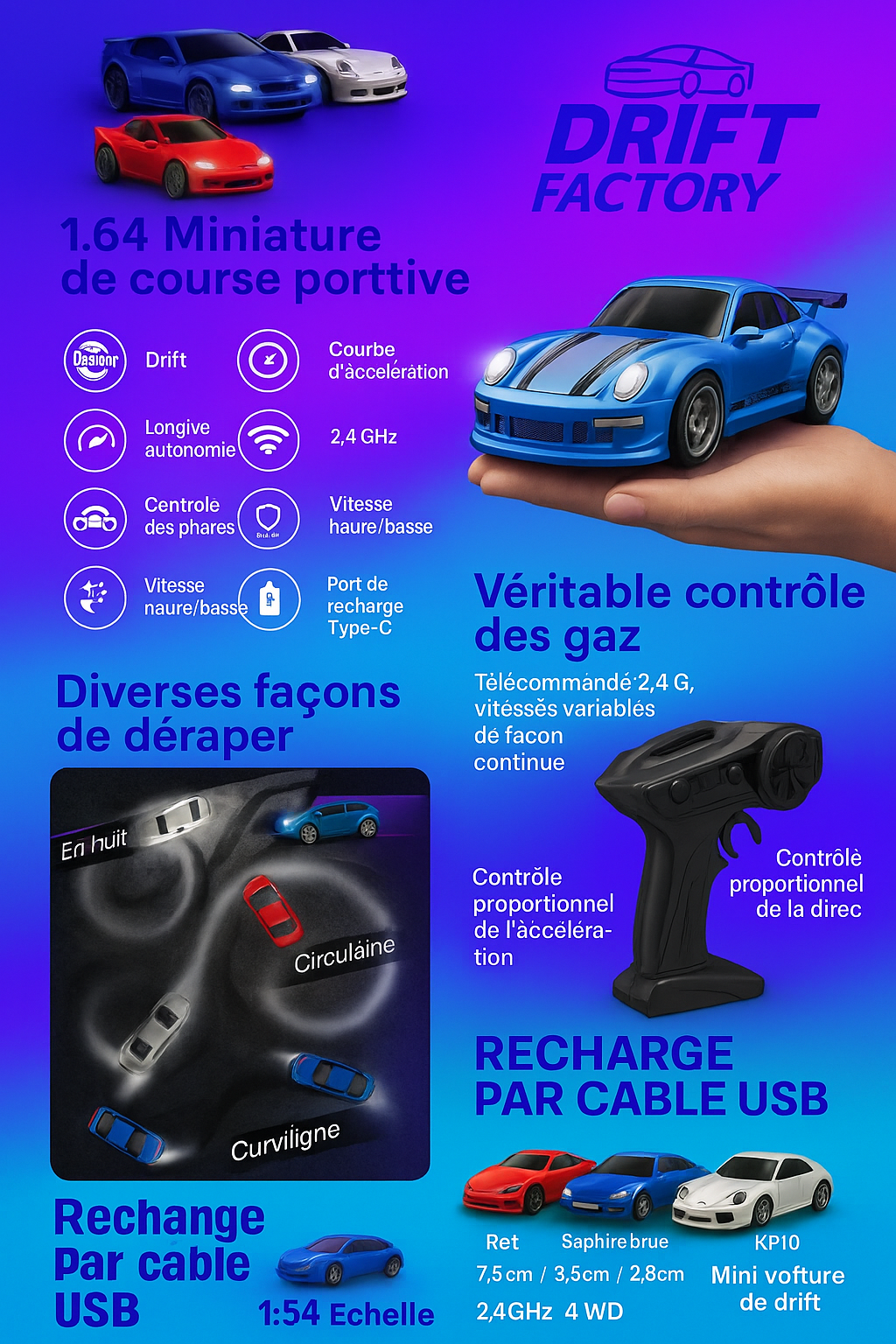 Voiture RC KF27 1:20 Drift 4x4 LED Haute Vitesse