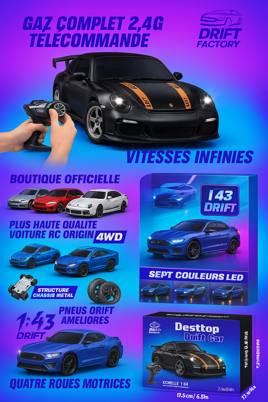Mini Voiture RC Drift 1/64–1/43 4WD LED Haute Vitess